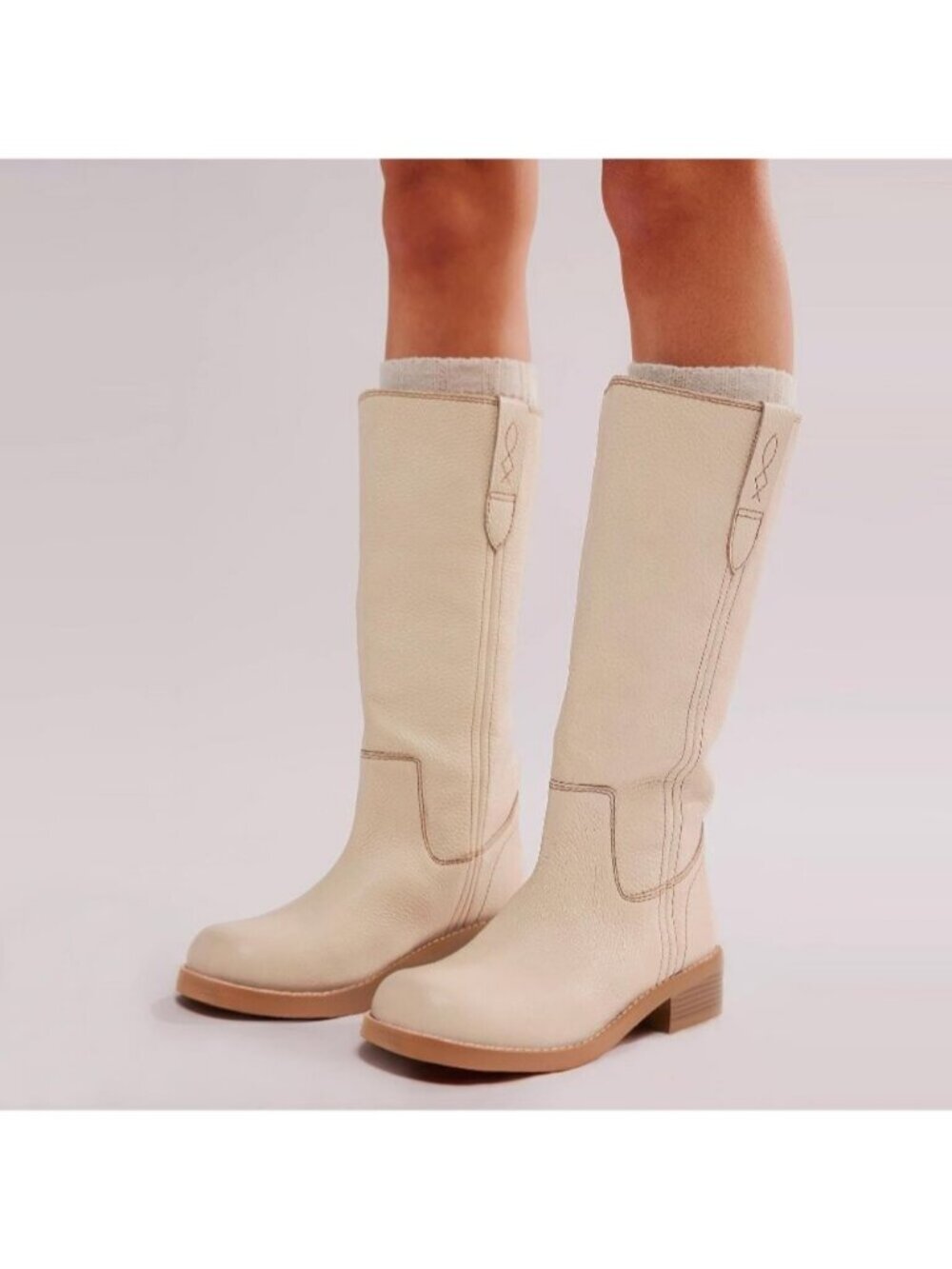 Women's Cream Knee High Boots Round Toe Tall Long Boots Vintage Pull On Low Heel - Picture 6 of 6